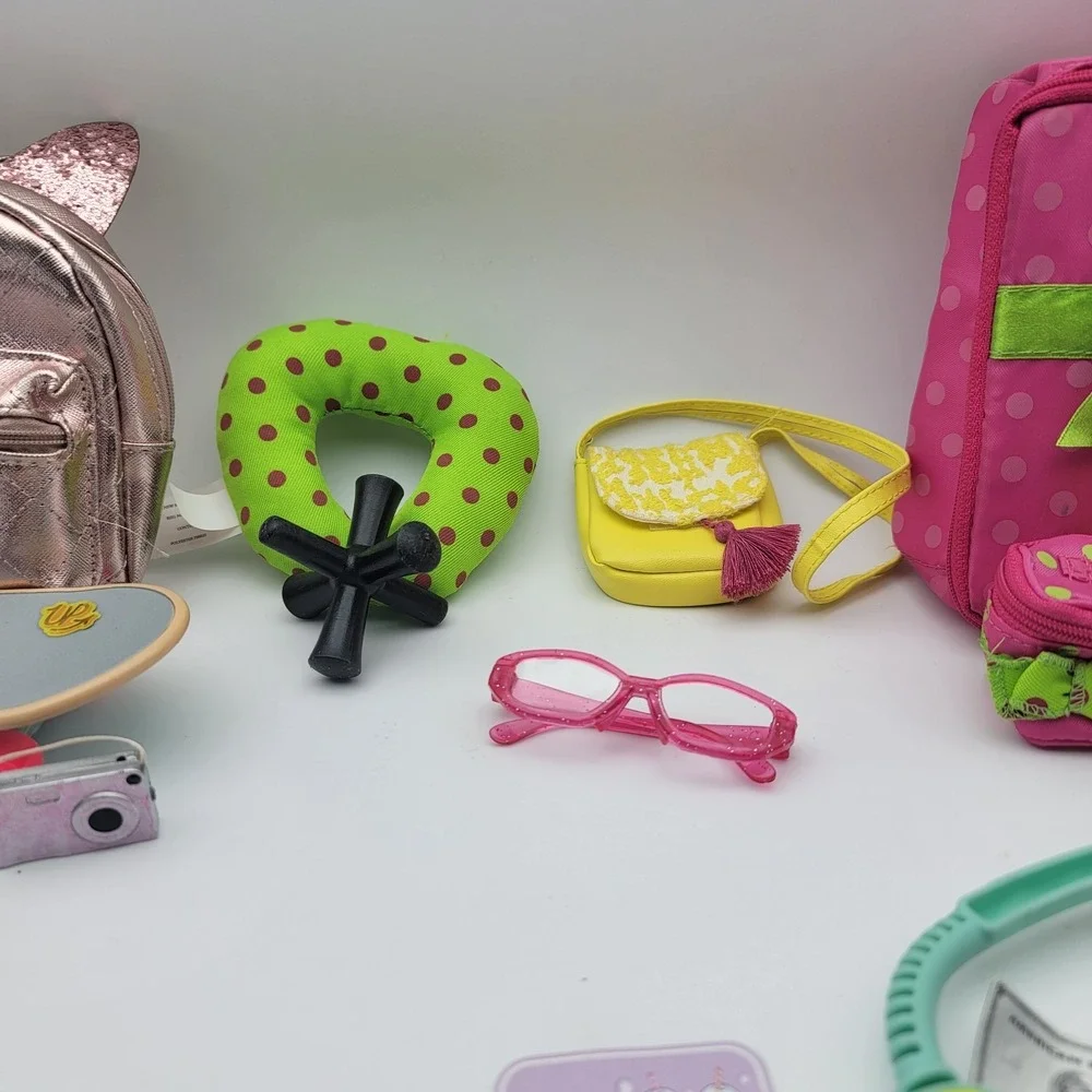 LOT OF 18IN DOLL Accessories, 16 total, Lugage, skate board, headphones and more